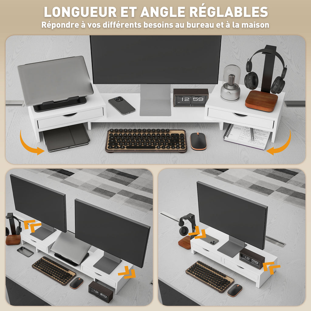 Rehausseur écran PC bureau support d'écran d'ordinateur de 60-116 cm avec 2 tiroirs, longueur et angle réglables-3