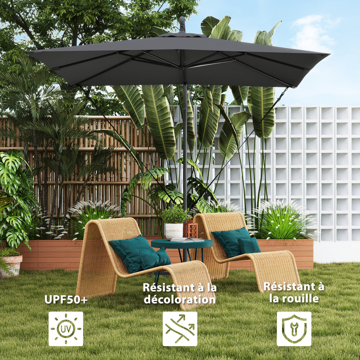 Parasol déporté parasol de jardin extérieur Toile ajustable 8 baleines base en croix manivelle, 2,5 x 2,5 m, gris foncé-4