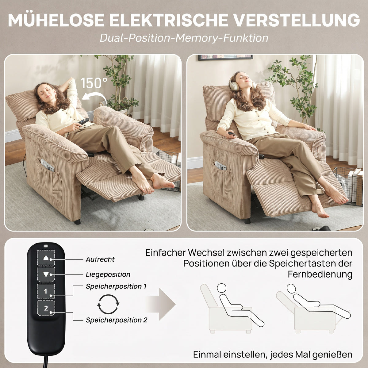 Fauteuil relax électrique massant et chauffant, fauteuil inclinable en velours côtelé, moteur ultra-silencieux, marron-4