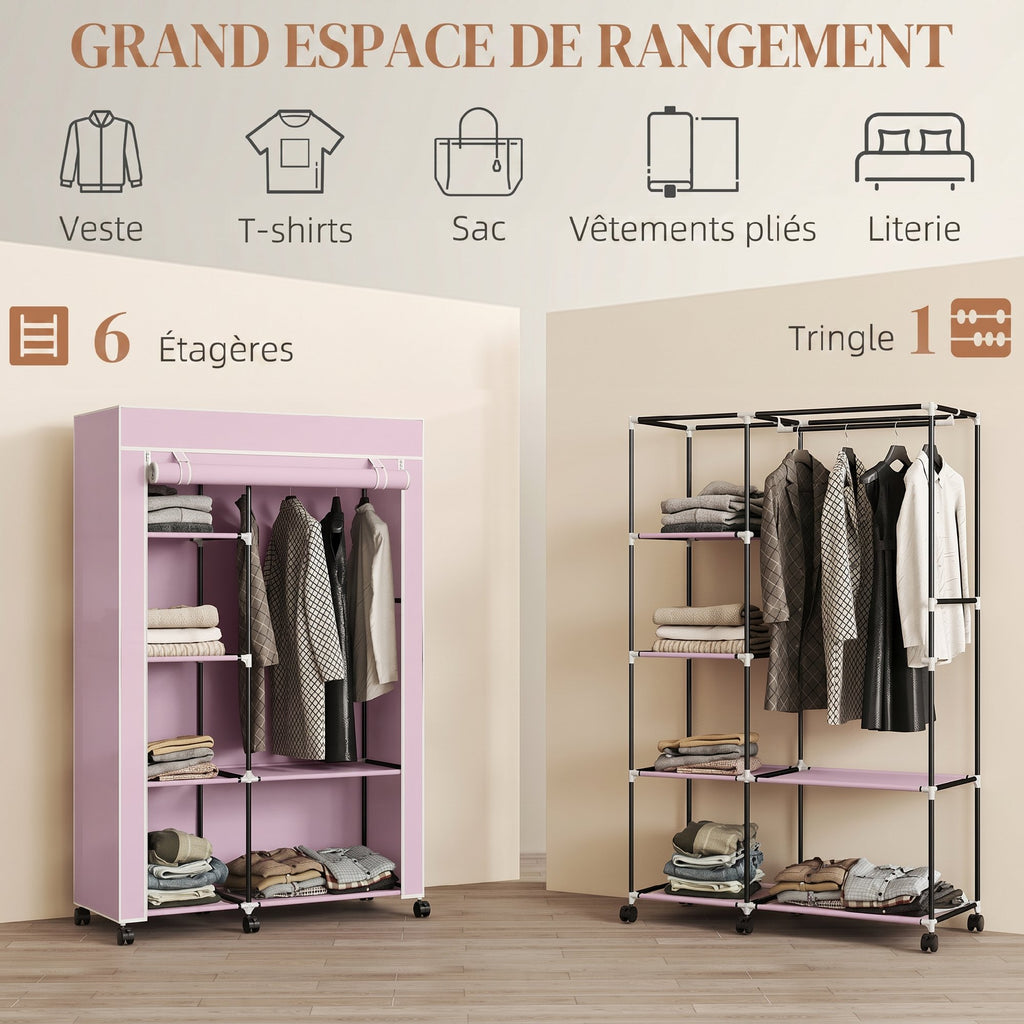 Armoire penderie en tissu meuble de rangement 6 roulettes tringle à vêtements et étagères ouvertes 103x43x166,5cm rose-3
