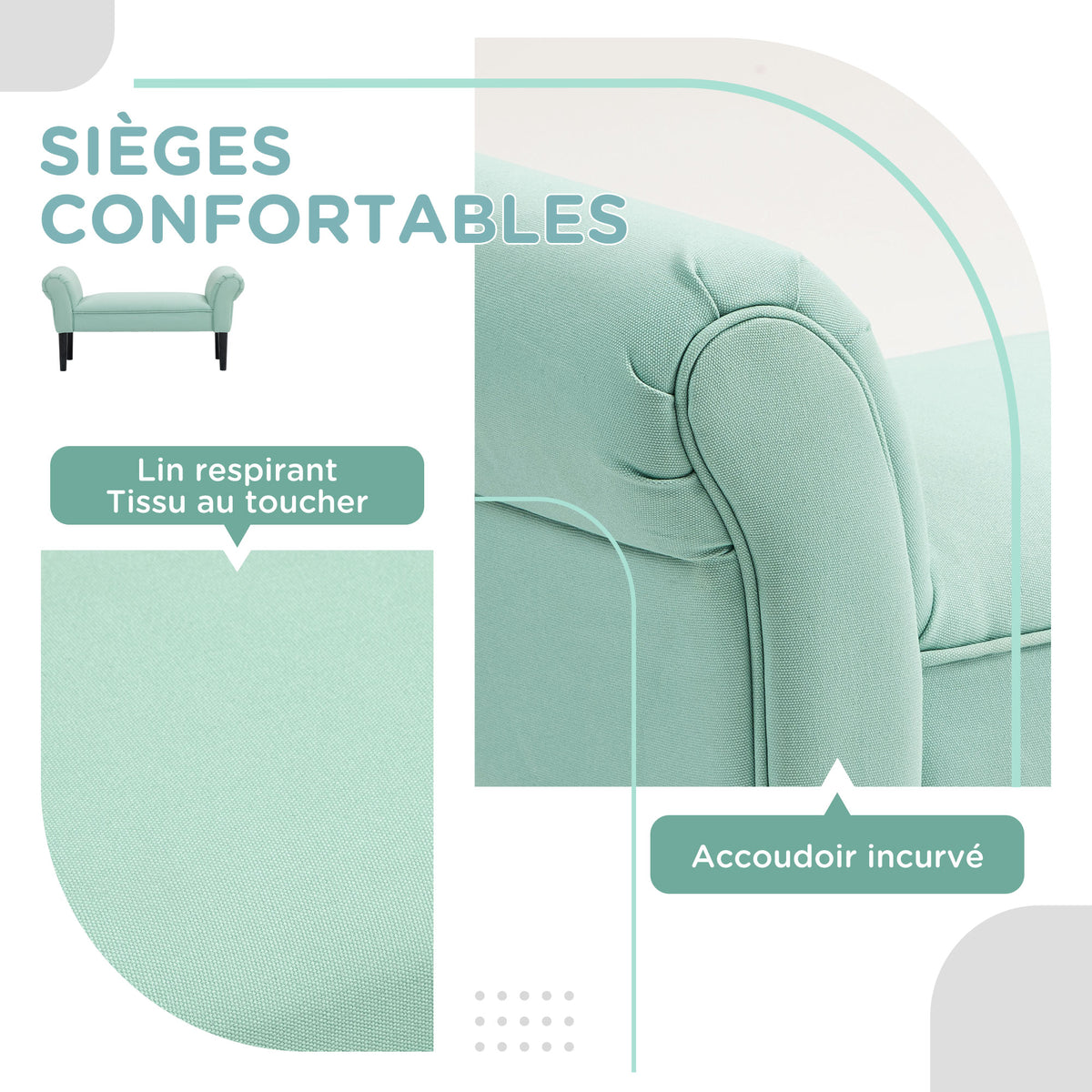 Banc Entrée Bout de Lit Rembourré pour Chambre à Coucher, Tissu à Voile, vert, 102 x 36 x 51 cm-3