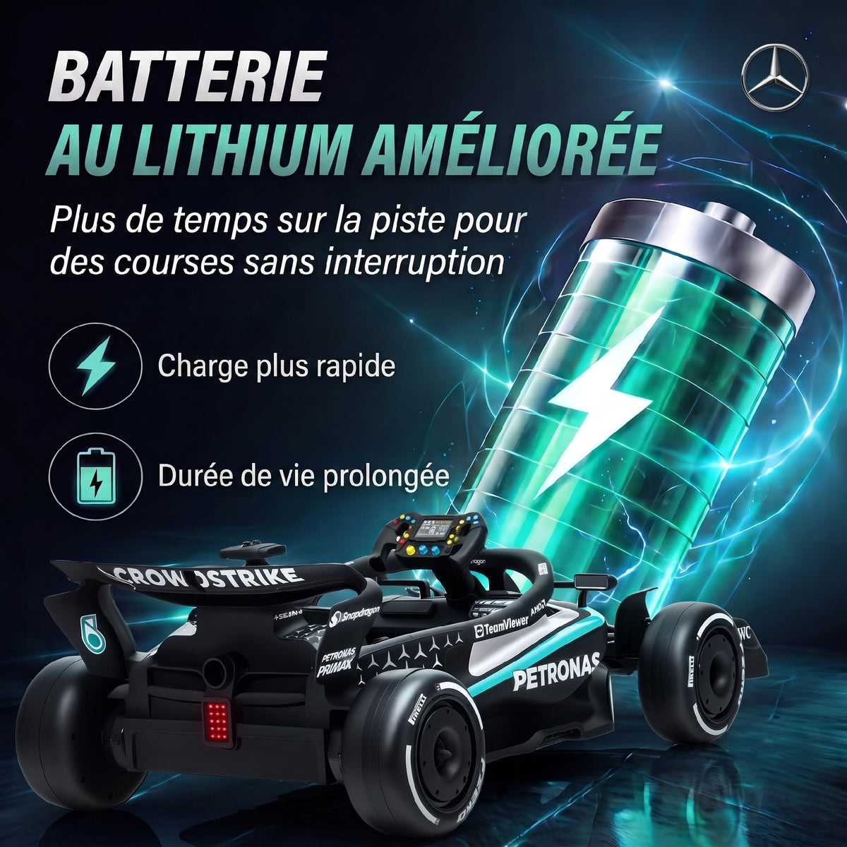 Kart Électrique Enfants 12V, Go Kart Mercedes-AMG PETRONAS F1 avec 2 Moteurs, Télécommande, 3 Vitesses, Noir-4