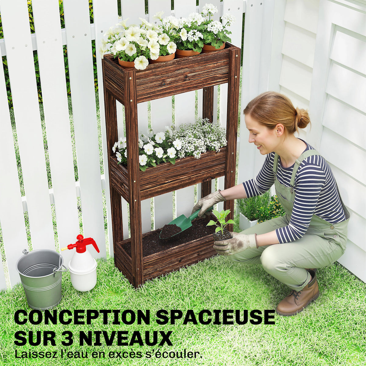 Bac à Plantes Surélevé Jardinière sur Pieds 3 Niveaux Trous de Drainage et Doublure 60 x 25 x 120 cm, Marron-3