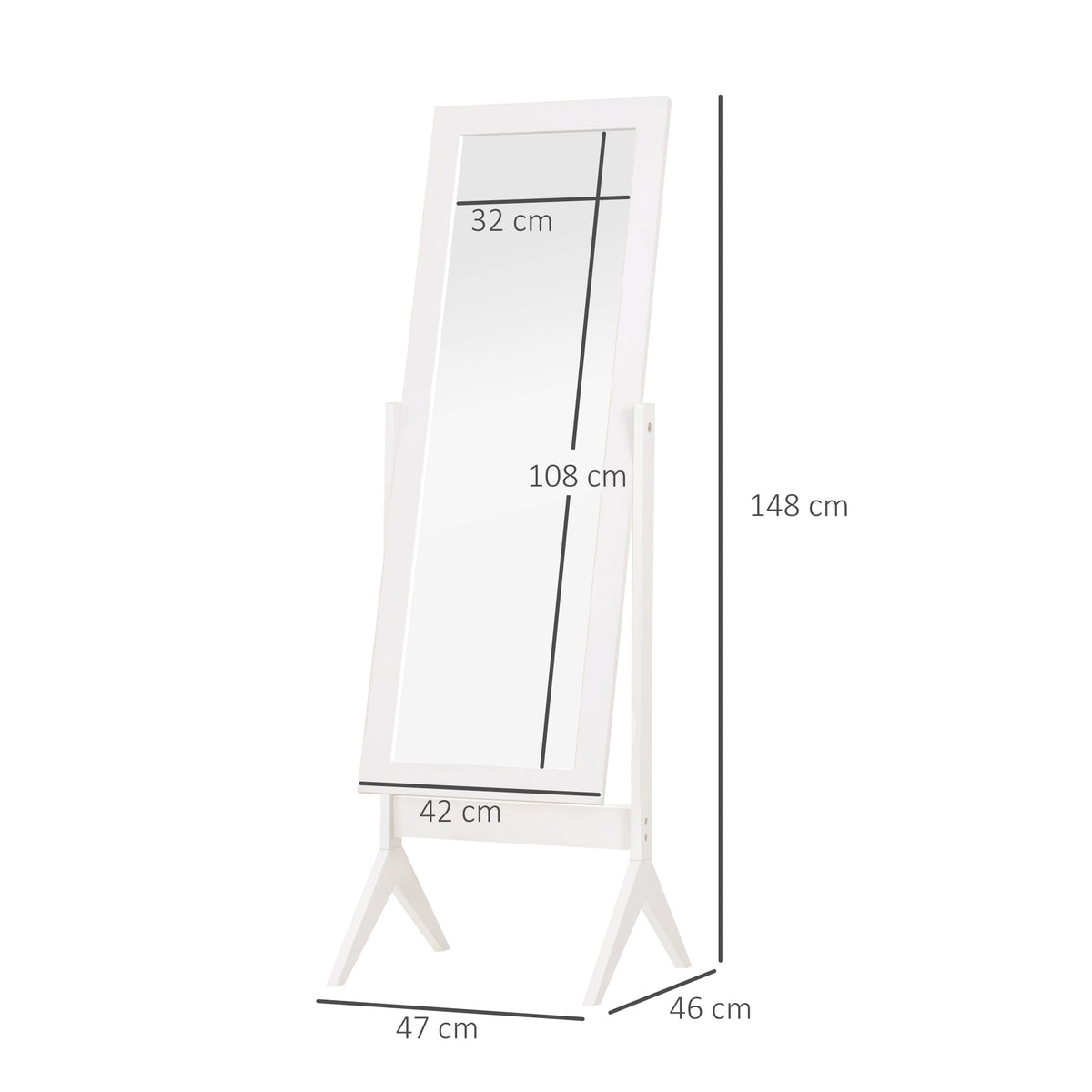 Miroir en Pied Grand Miroir de Sol Inclinaison réglable pour Dressing Chambre dim. 47L x 46l x 148H cm en blanc-2