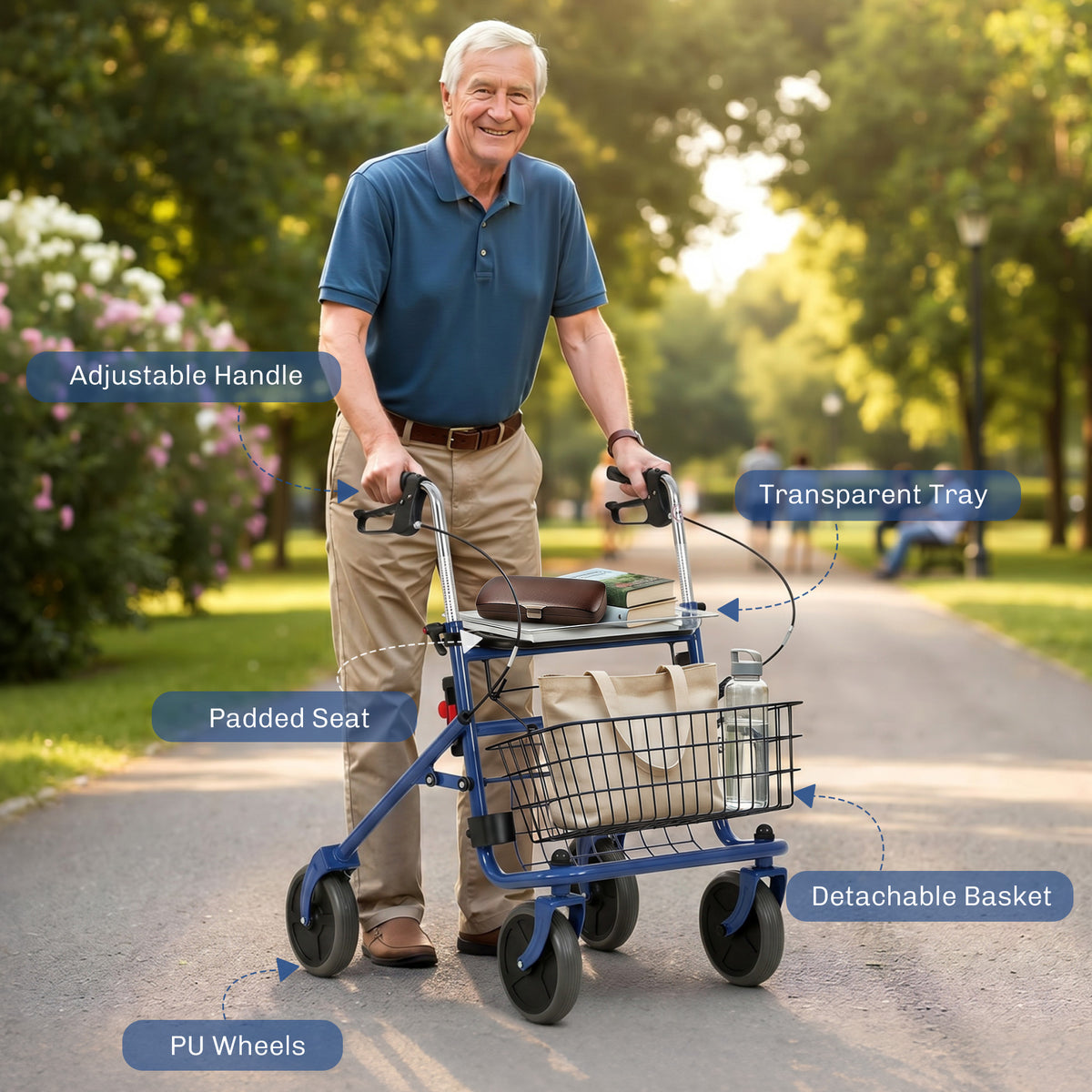 Déambulateur 4 roues pliable, rollator en acier inoxydable, siège rembourré en PU, poignée réglable, bleu-8