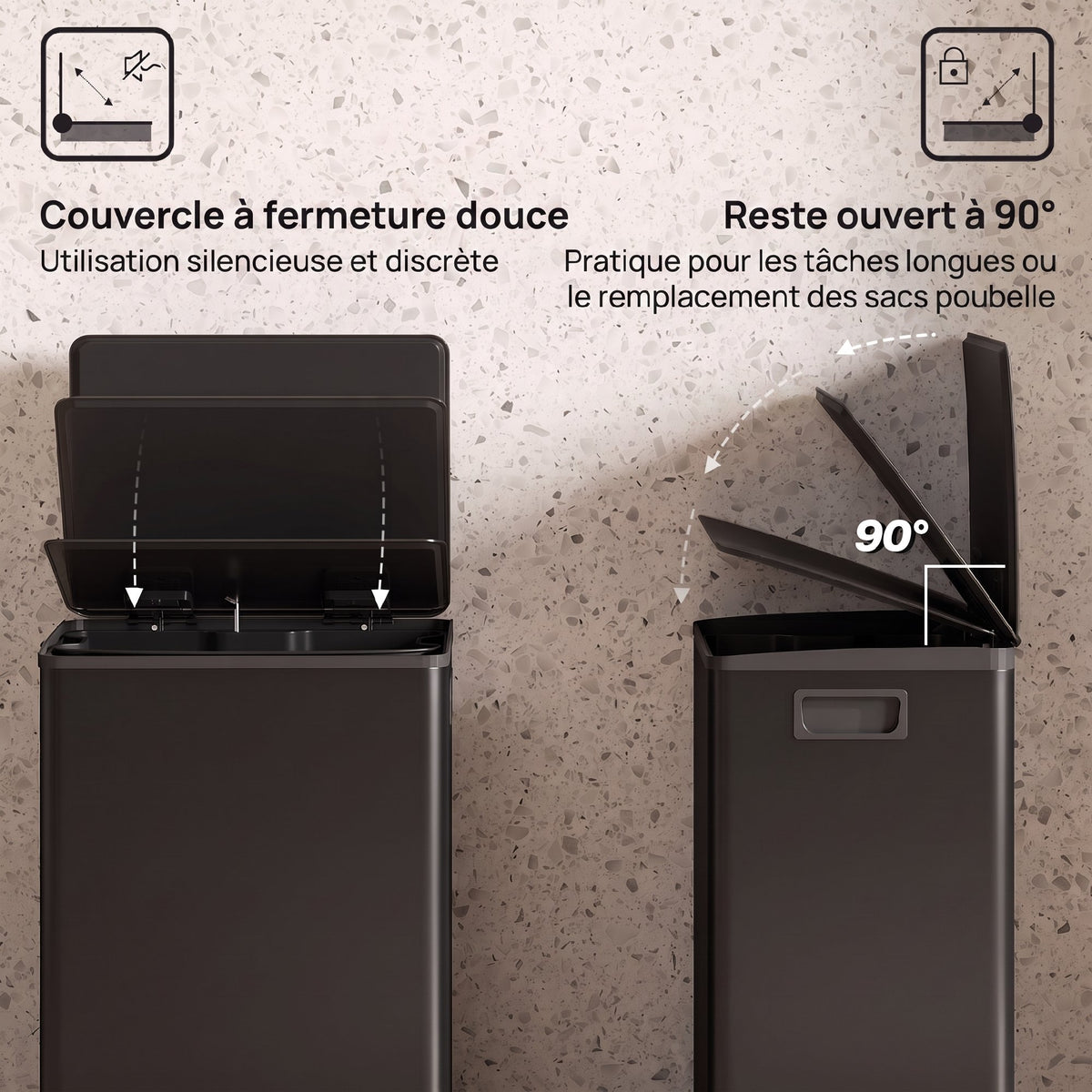 Poubelle cuisine 50L, poubelle à pédale, seau intérieur amovible, couvercle à fermeture douce, 41,7x36,6x62cm, noir-4