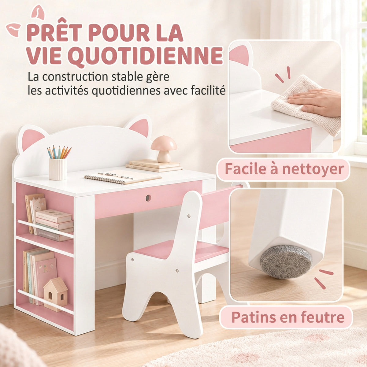 Bureau et Chaise pour Enfant 2 Pièces, Ensemble Table d'Activité, Tiroir, Bibliothèque pour Dessin, Lecture, Blanc Rose-6