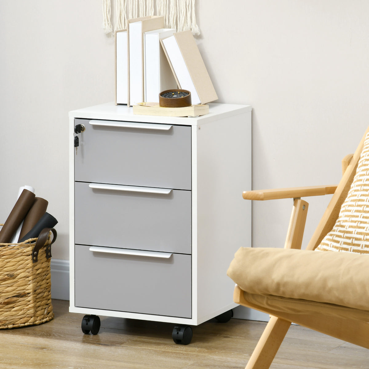 Caisson de bureau à roulettes avec 3 tiroirs et serrure pour dossiers 40 x 40 x 63,5 cm blanc et gris-9