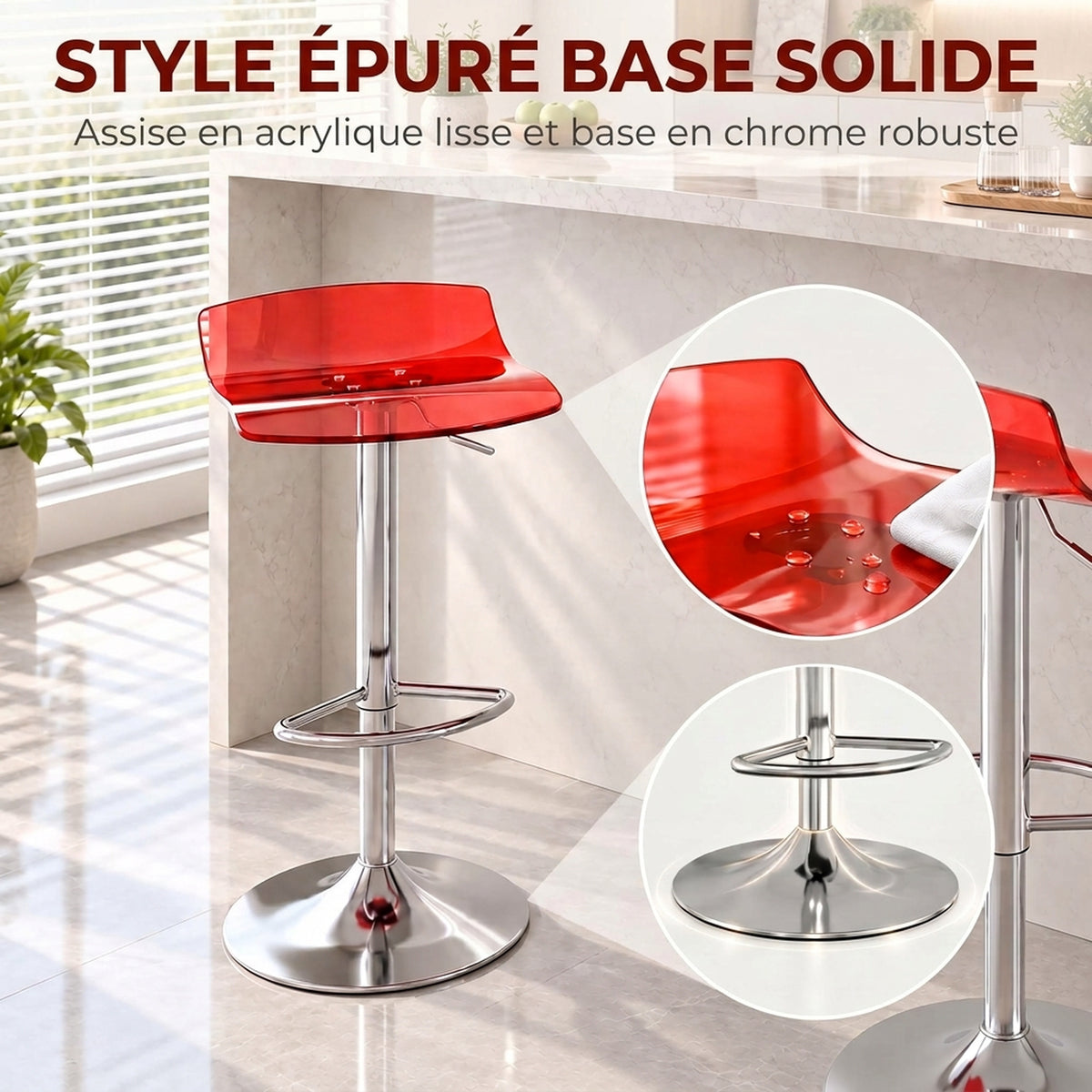 Lot de 2 tabourets de bar design contemporain pivotant 360° hauteur réglable avec repose-pieds 39x39x67-87cm rouge-3