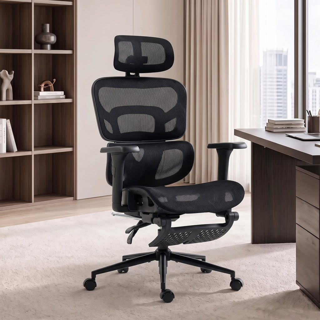 Chaise Bureau Ergonomique Inclinable en Maille, Support Lombaire, Appui-Tête 2D, Double Dossier Aéré, Noir-1