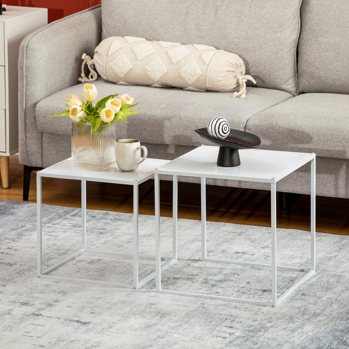 Lot de 2 tables basses gigognes, lot de 2 tables gigognes de salon, modulables, en acier, style industriel, blanc mat-1