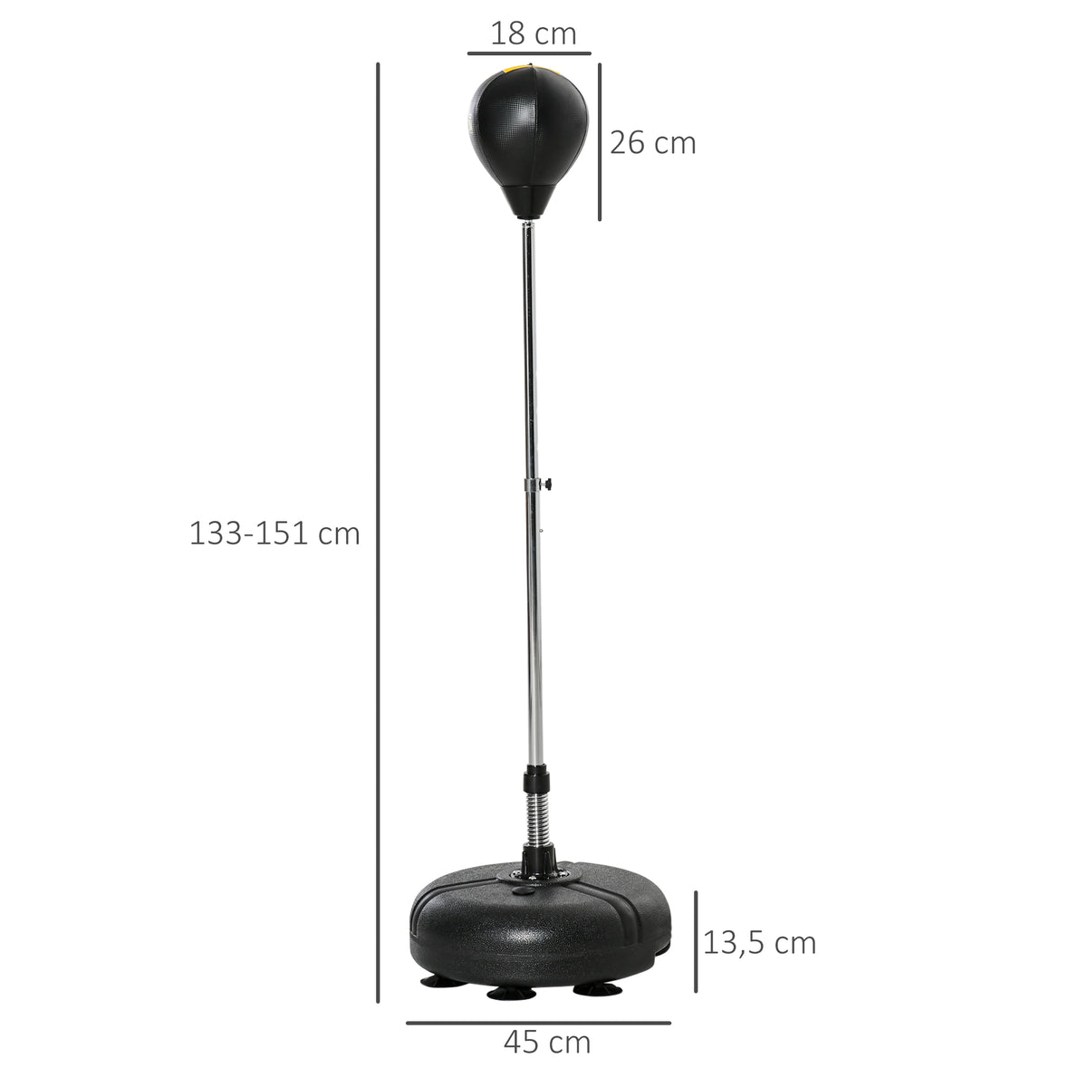 Punching ball sur pied réglable hauteur 133 -151 cm, sac de frappe sur pied 2 gants base lesté 45 x 45 x 133-151 cm noir-2