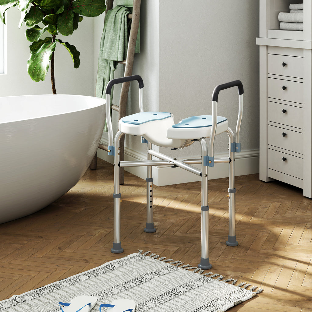 Chaise de douche avec accoudoirs siège de douche en forme U hauteur réglable anti-dérapant 53 x 36 x 64-75 cm bleu clair-9