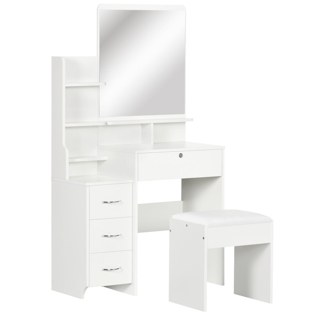 Ensemble de coiffeuse avec tabouret rembourré grand miroir + plusieurs étagères ouvertes + 4 tiroirs blanc-0