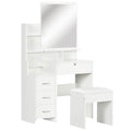 Ensemble de coiffeuse avec tabouret rembourré grand miroir + plusieurs étagères ouvertes + 4 tiroirs blanc-0
