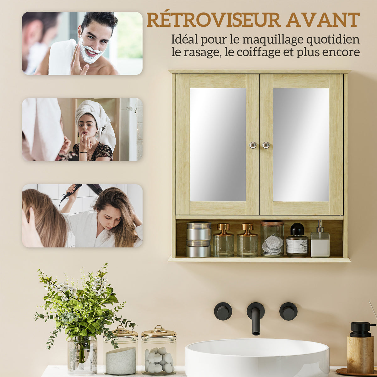 Armoire murale salle de bain avec miroir, 56 x 13 x 58 cm, meuble salle de bain avec Portes Miroir Doubles Bois Naturel-4