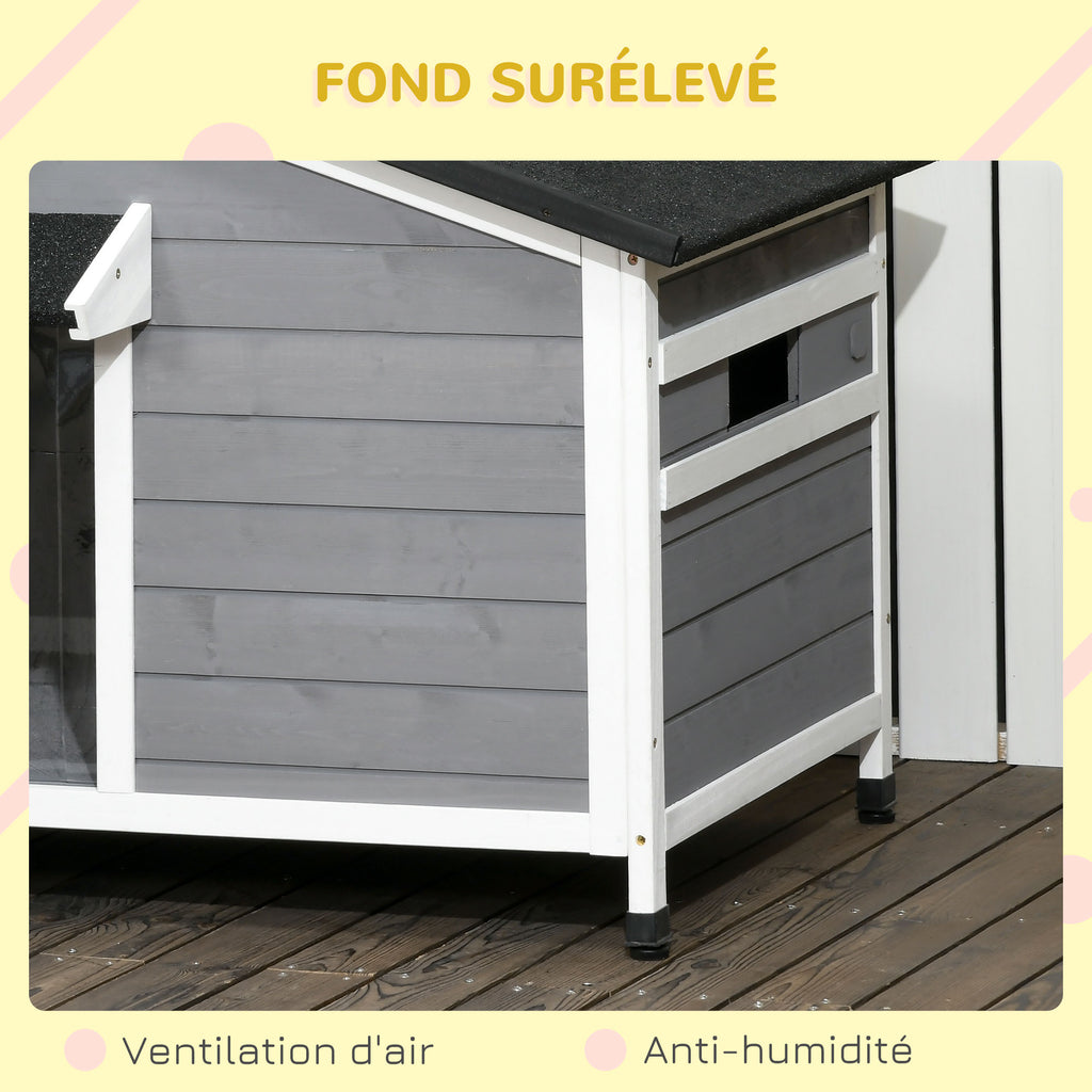 Niche chien style cottage - 2 fenêtres, porte, toit ouvrant bitumé - dim. 109 x 79 x 72 cm - bois sapin gris-7