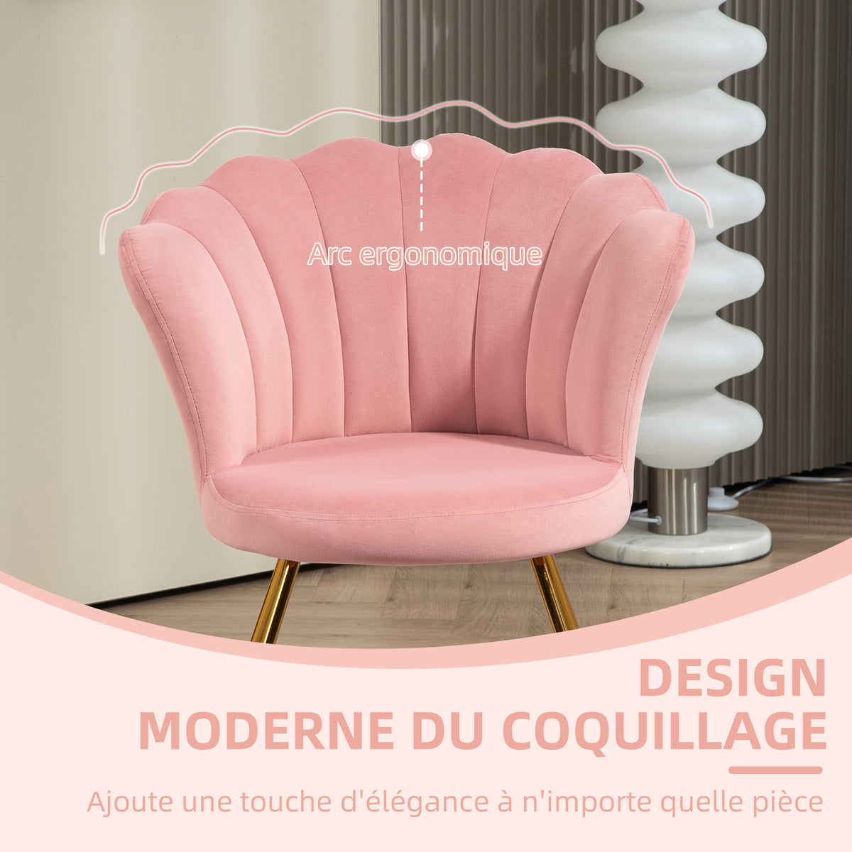 Fauteuil coquillage chaise coiffeuse fauteuil en velours fauteuil de salon avec pieds en acier 69 x 64 x 80 cm rose-5