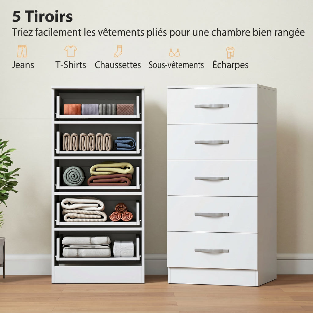 Commode 5 tiroirs, meuble de rangement étroit, style moderne, pour chambre à coucher, salon, couloir, 40x35x85cm, blanc-3