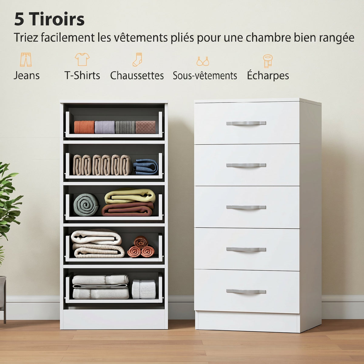Commode 5 tiroirs, meuble de rangement étroit, style moderne, pour chambre à coucher, salon, couloir, 40x35x85cm, blanc-3