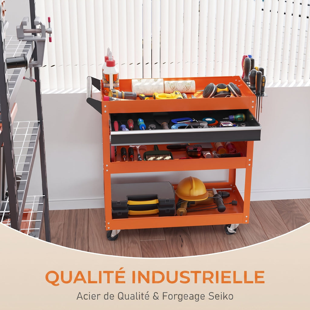 Chariot d'atelier servante atelier à 3 niveaux avec tiroir, porte-outils latéral et poignée, 82x35x76 cm, orange-5