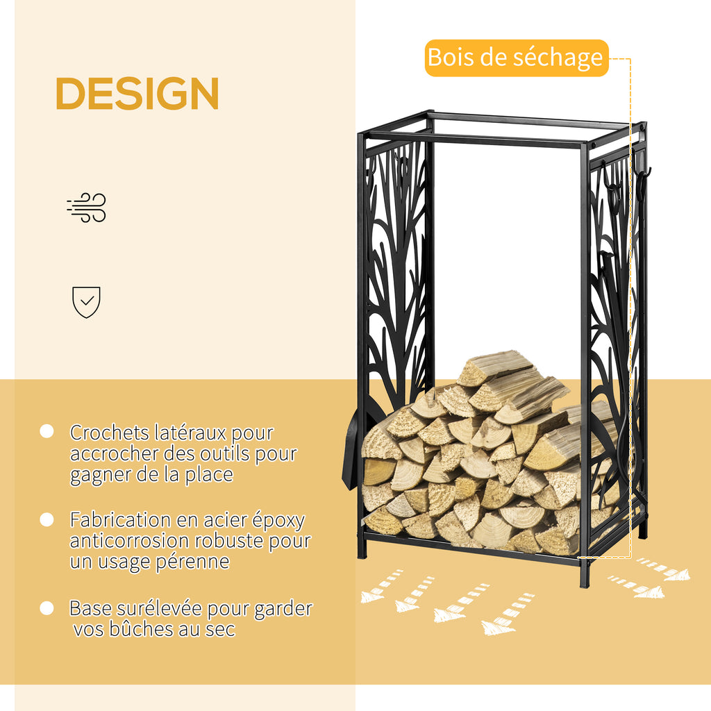 Porte bûches - Range bûches Serviteur de cheminée Arbre - Multi Accessoires étagère 46L x 29l x 70H cm Acier Noir-4