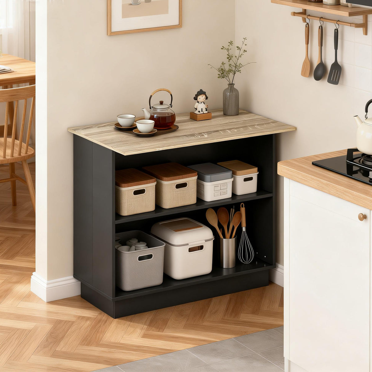 Desserte îlot de cuisine étagère réglable 2 compartiments ouverts 2 placards plan de travail effet bois 105 x 60 cm noir-8