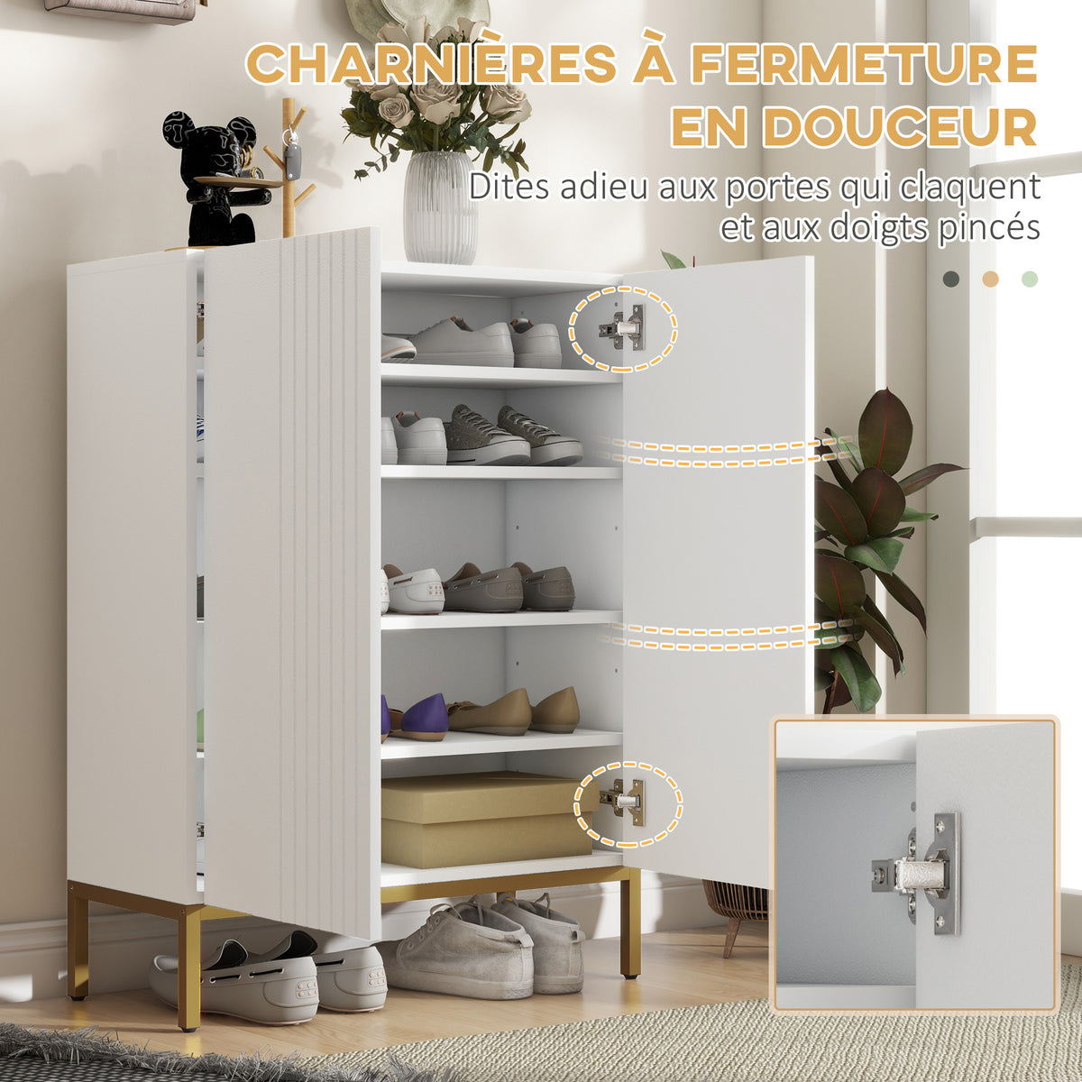 Meuble à chaussures 20 paires, armoire à chaussures moderne avec portes à fermeture douce, étagères réglables, blanc-4