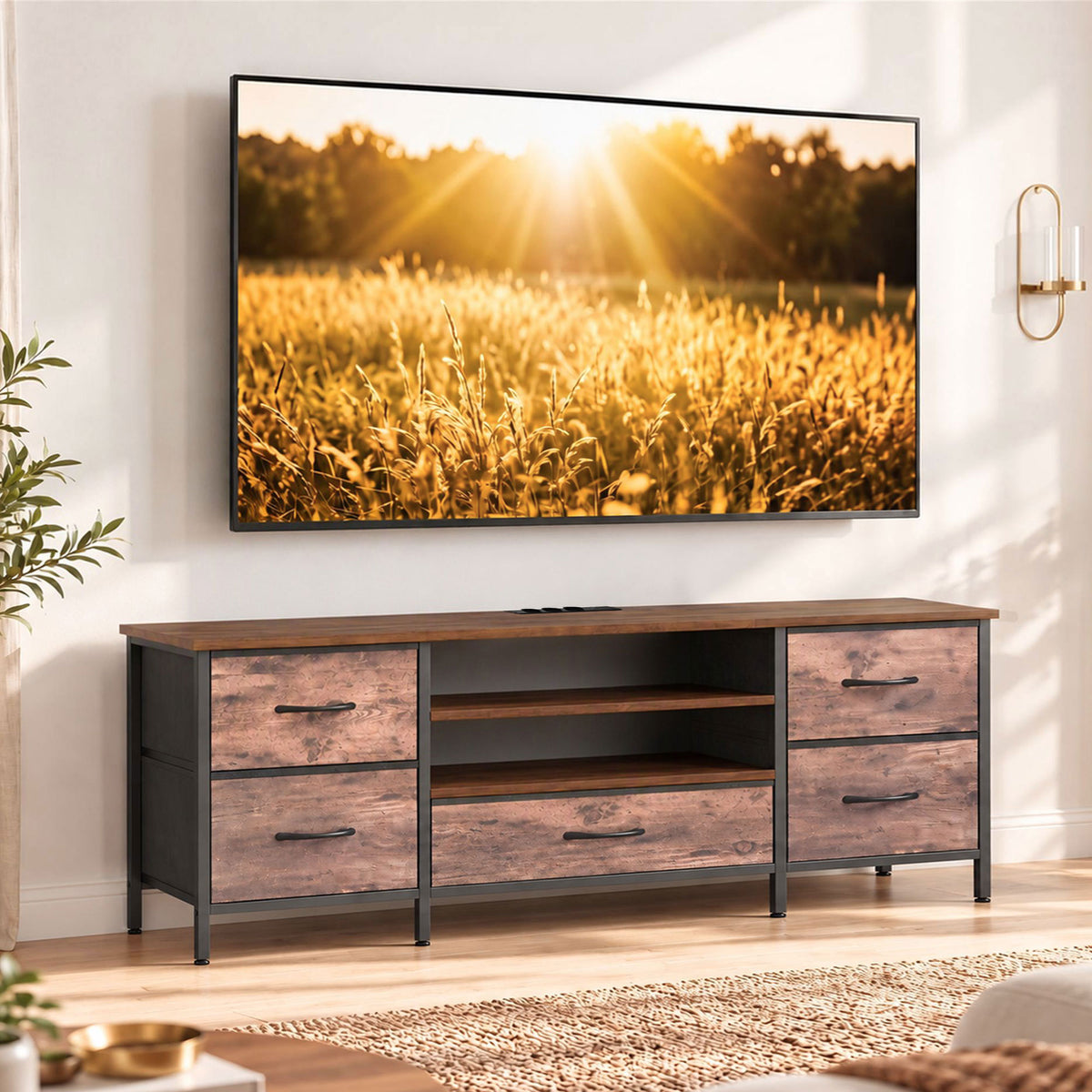 Meuble TV 140 cm, Meuble Télé 65 Pouces, Station de Charge, 5 Tiroirs en Tissu, Étagères Ouvertes, Brun Rustique-1
