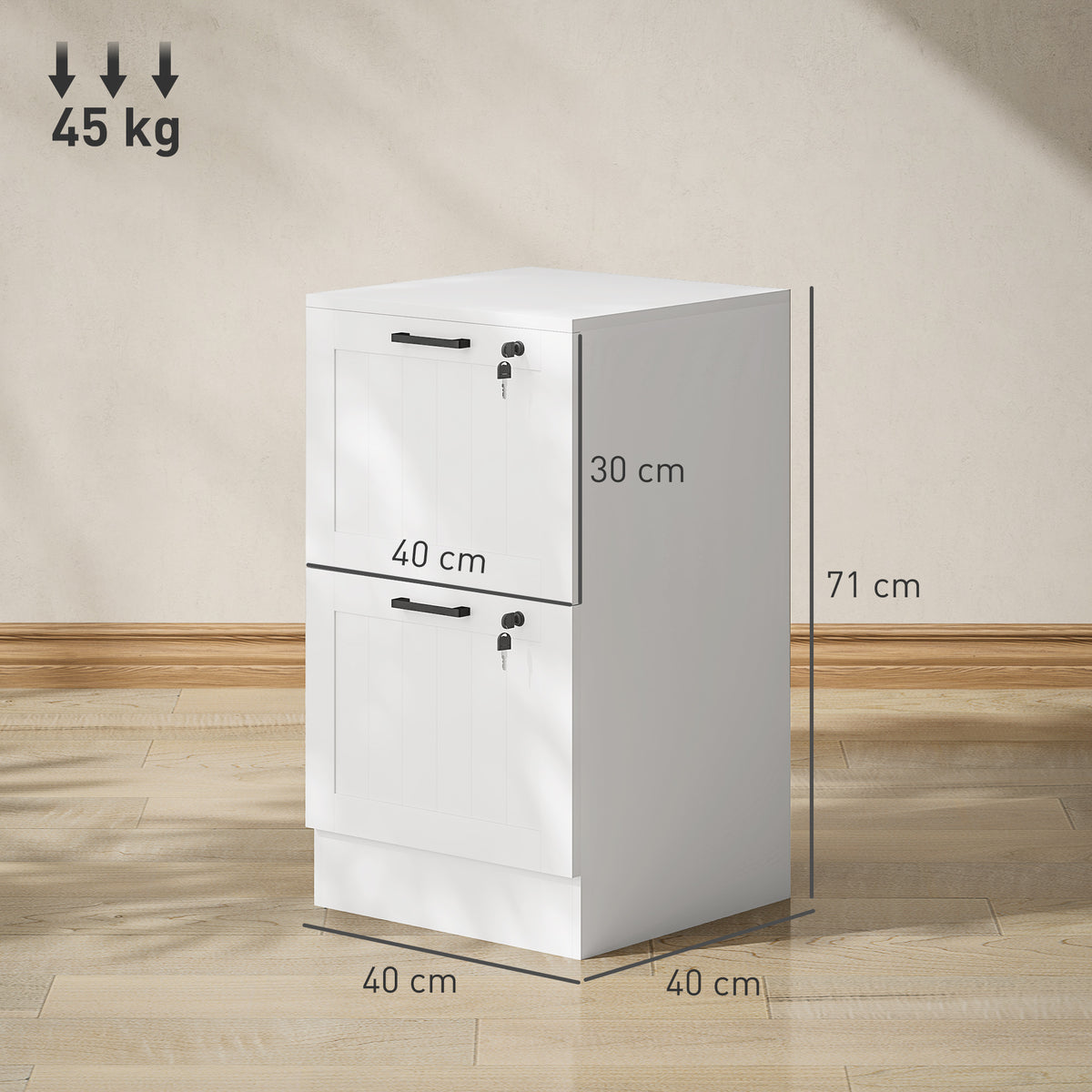 Caisson bureau, meuble rangement bois 2 tiroirs et serrure, barres de suspension réglables, 40 x 40 x 71 cm, blanc-2