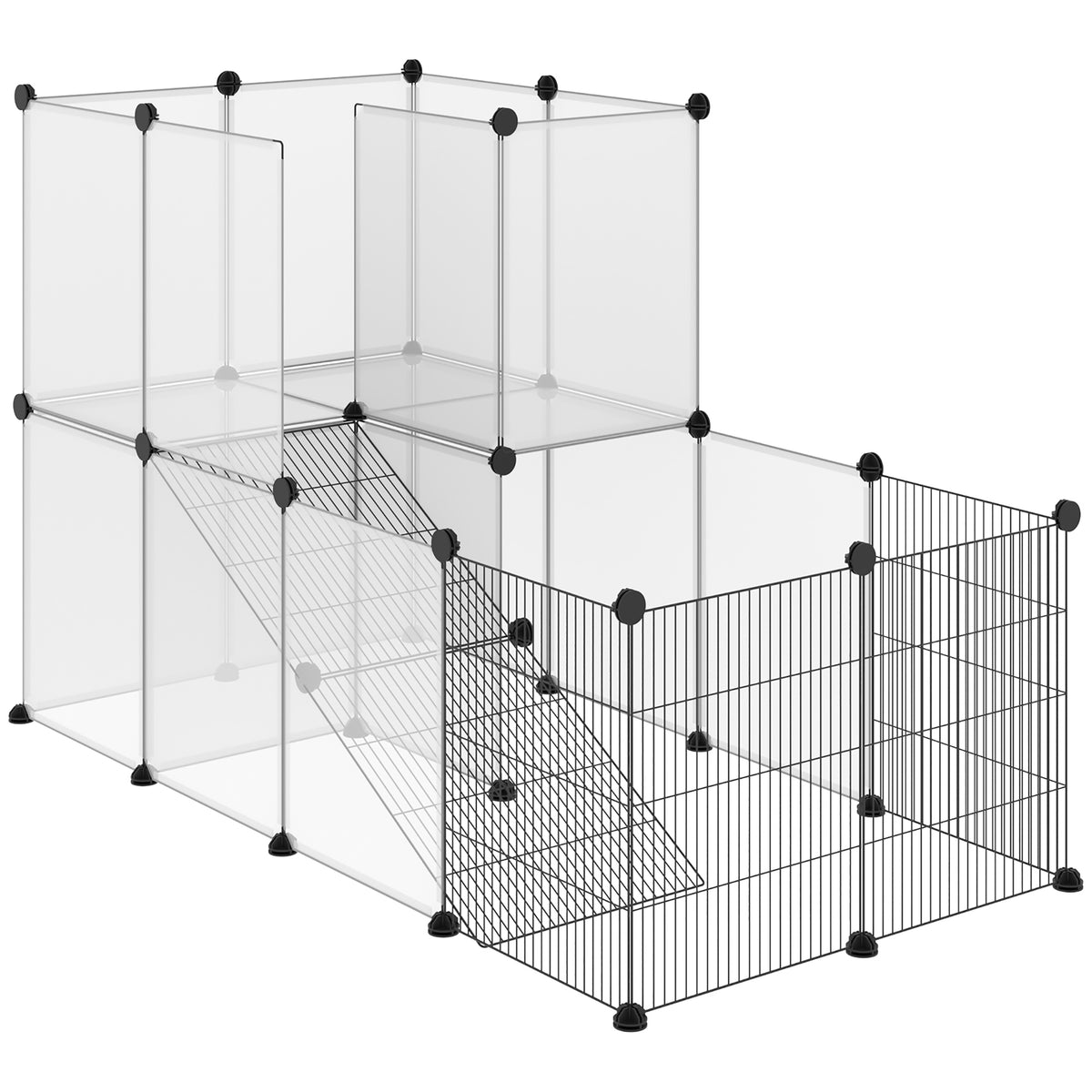 Enclos lapin interieur, 2 niveaux, parc modulable pour petits animaux, 27pcs, 140 x 70 x 90 cm, noir-0