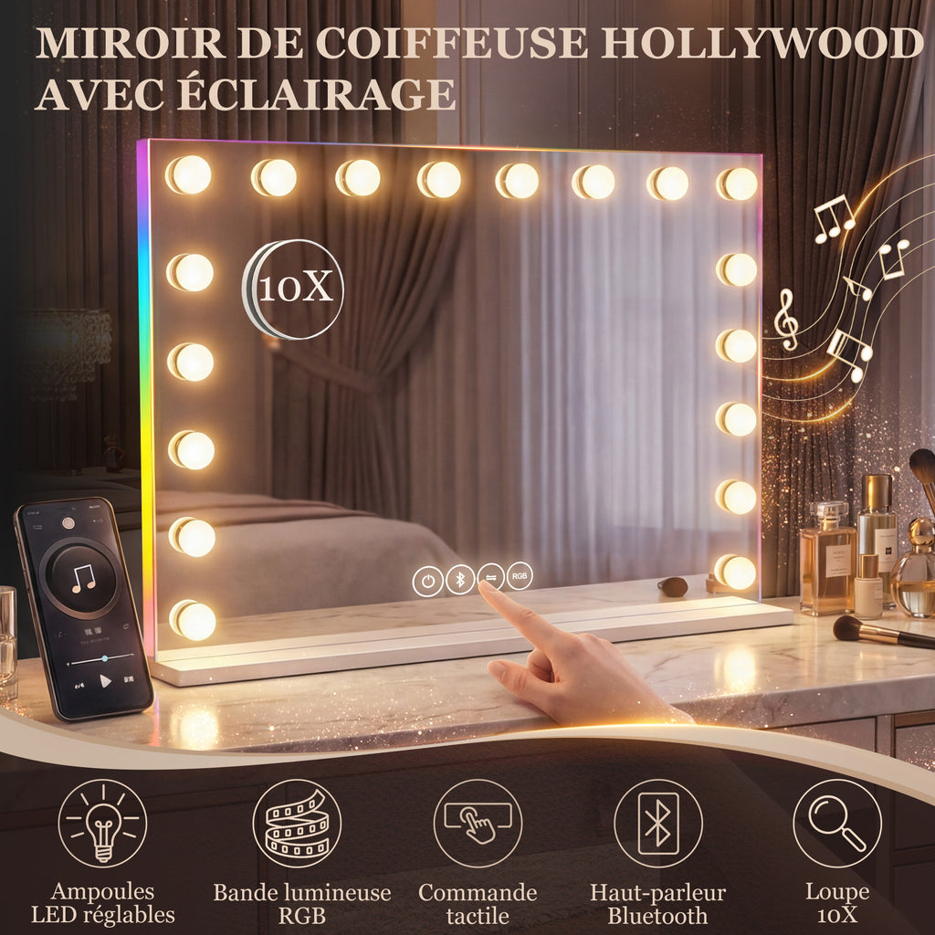 Miroir maquillage Hollywood 18 ampoules LED, 3 couleurs d'éclairage, lumière RGB, haut-parleur Bluetooth, blanc-3