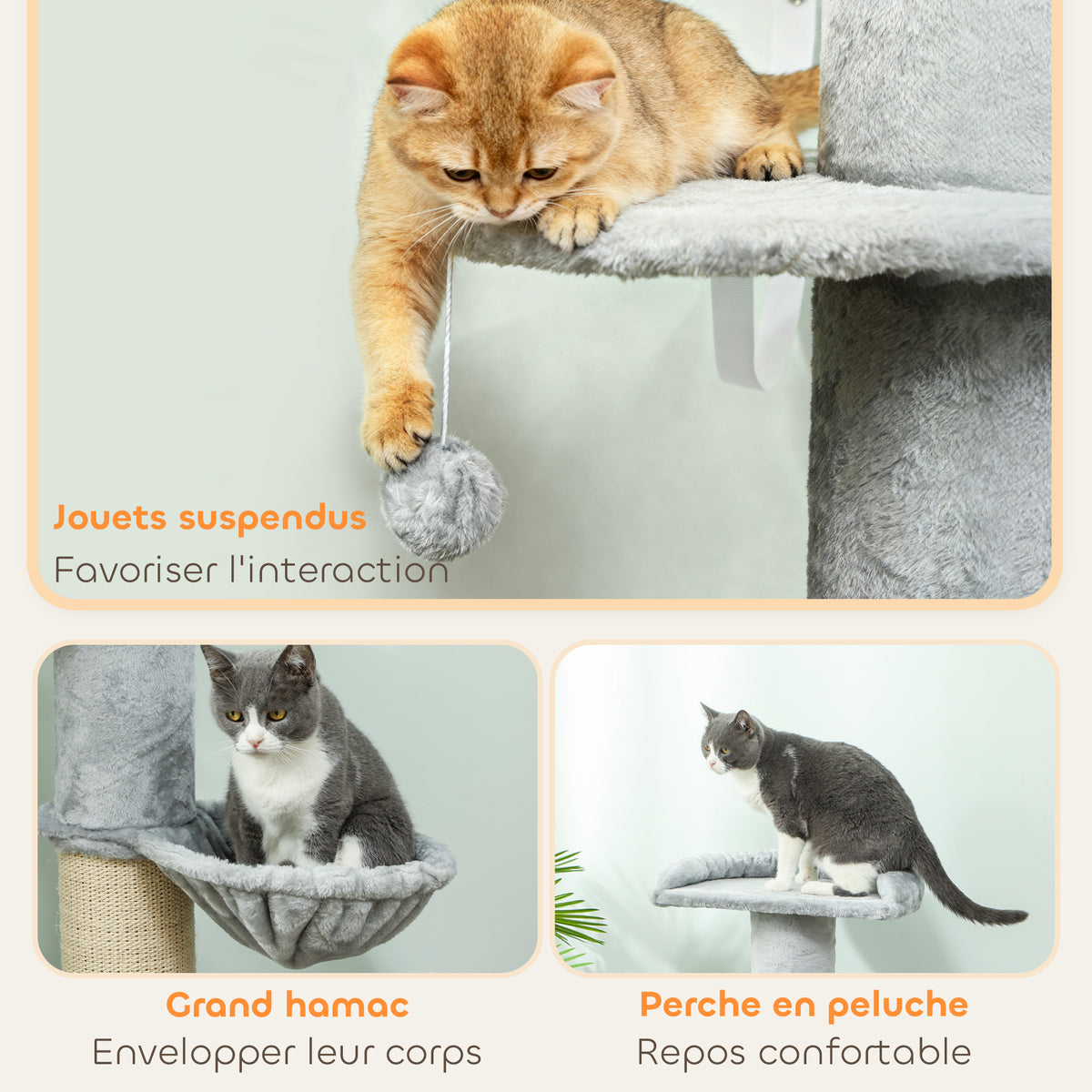 Arbre à chat tonneau à gratter pour chats griffoir en sisal, hamac, plateforme, balle jouet, Ø 48 x 103,5 cm, gris clair-4