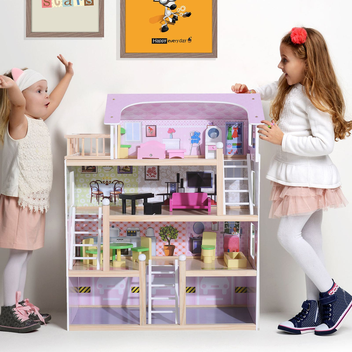 Maison de poupée en Bois Jeu d'imitation 4 Étages pour 3+ ans avec 13 Accessoires Grand réalisme Multi-équipement 60L x 30l x 80H cm Blanc et Rose-9