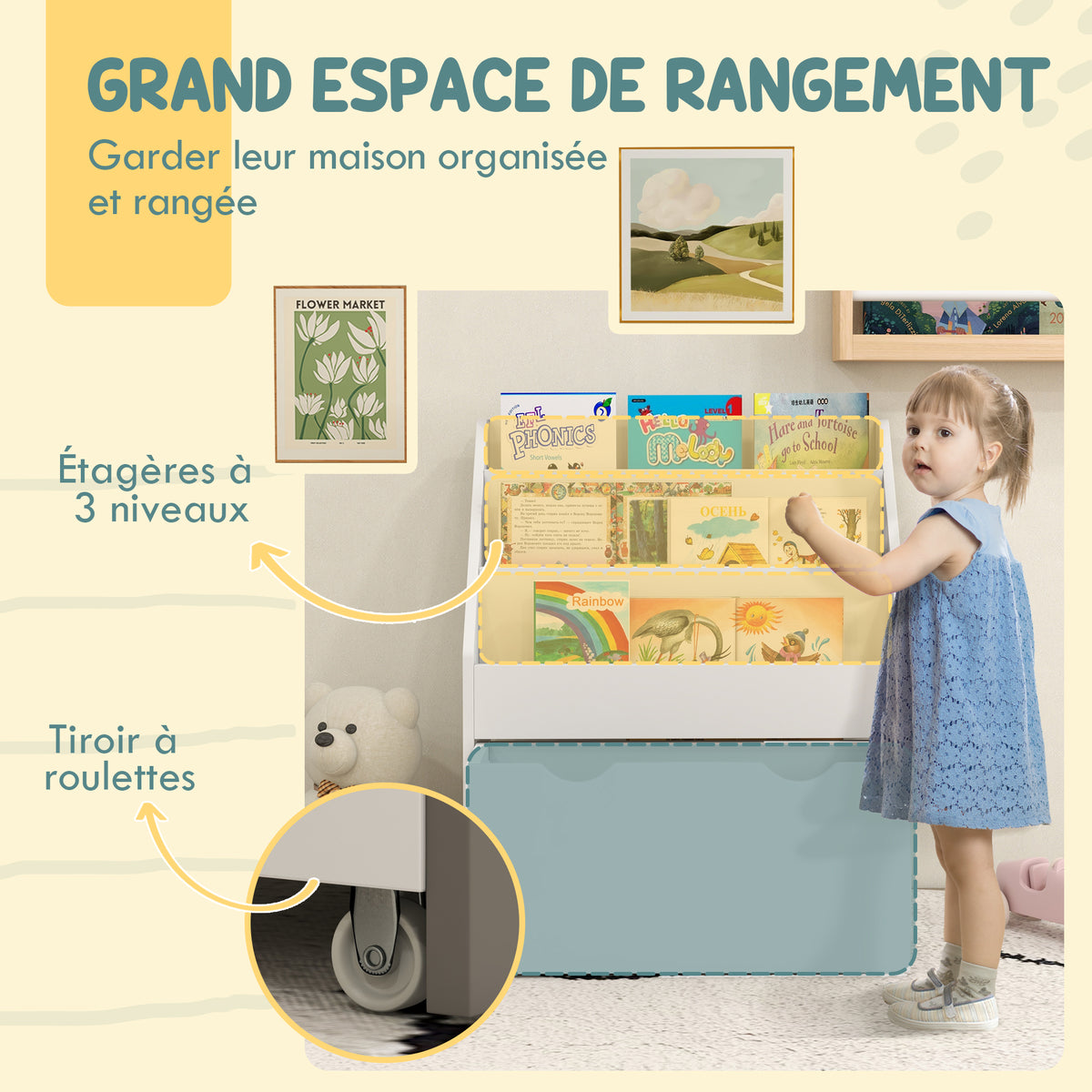 Bibliothèque pour enfants Multi-Rangement avec 3 niveaux d'étagères et un tiroir, 62,5L x 30l x 70H cm, blanc-3
