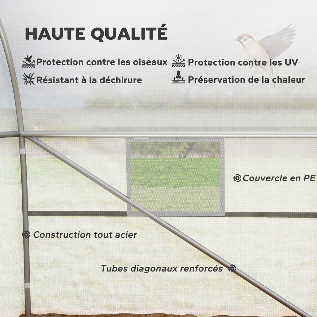 Serre de jardin tunnel grande taille avec bâche PE cadre en acier porte enroulable et 12 fenêtres 8 x 3 x 2 m blanc-3