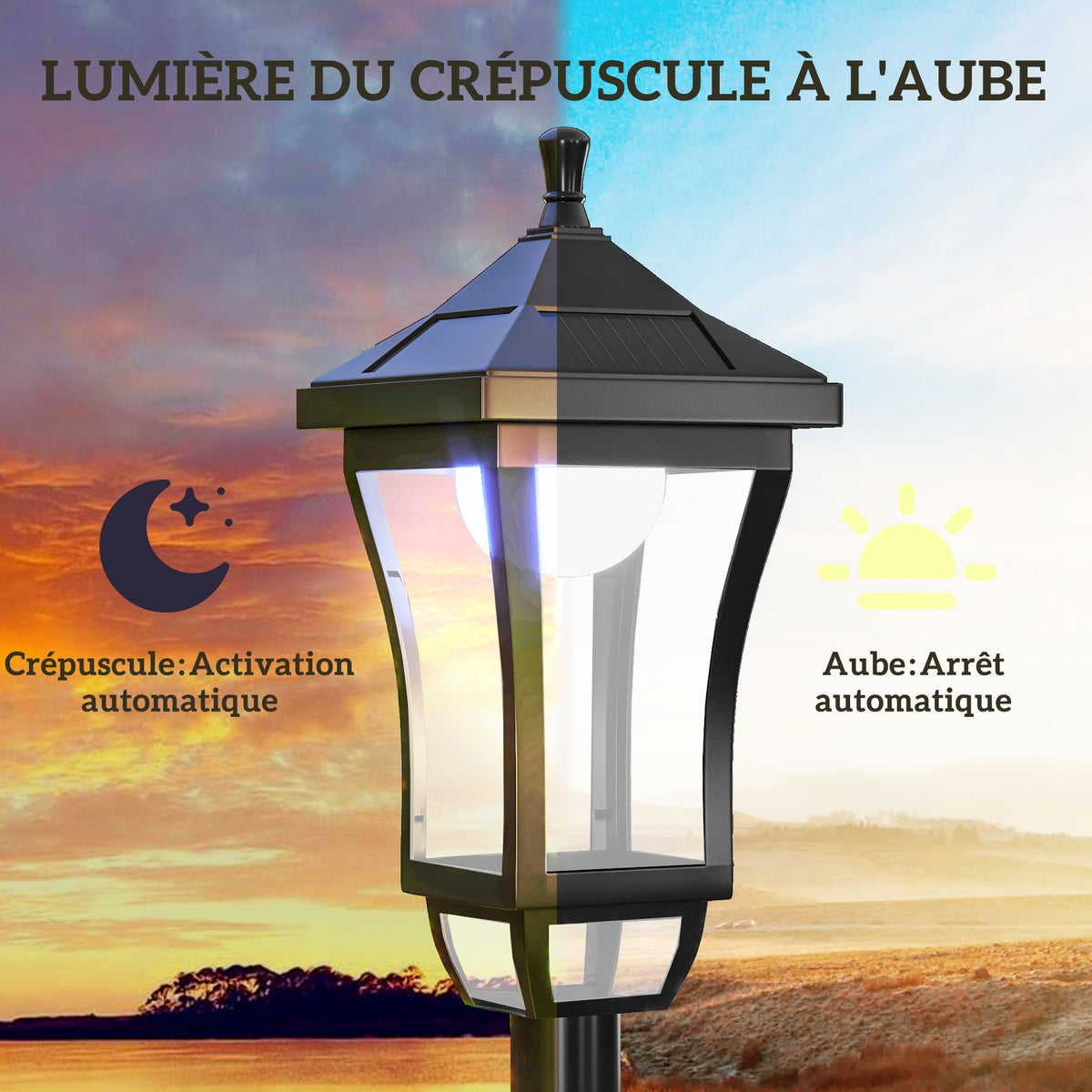 Luminaire extérieur lampadaire sur pied solaire lampadaire lanterne classique LED 30 Lm 15 x 15 x 127 cm noir-4
