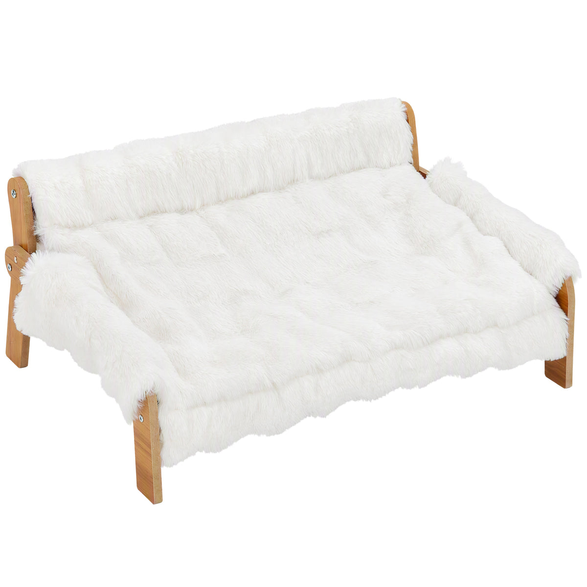 Canapé pour Chien Chat Lit Surélevé en Bois, Coussin Amovible en Peluche, Pieds Antidérapants, 70 x 47 x 30 cm, Blanc-0