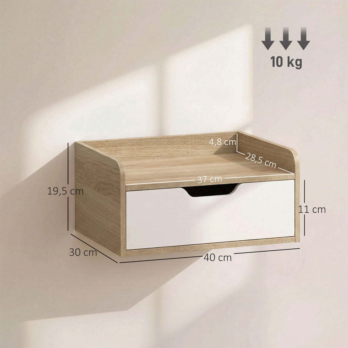 Lot de 2 tables de chevet murales, tables de nuit avec tiroir et plateau à rebords surélevés, 40x30x19,5cm, bois naturel-2