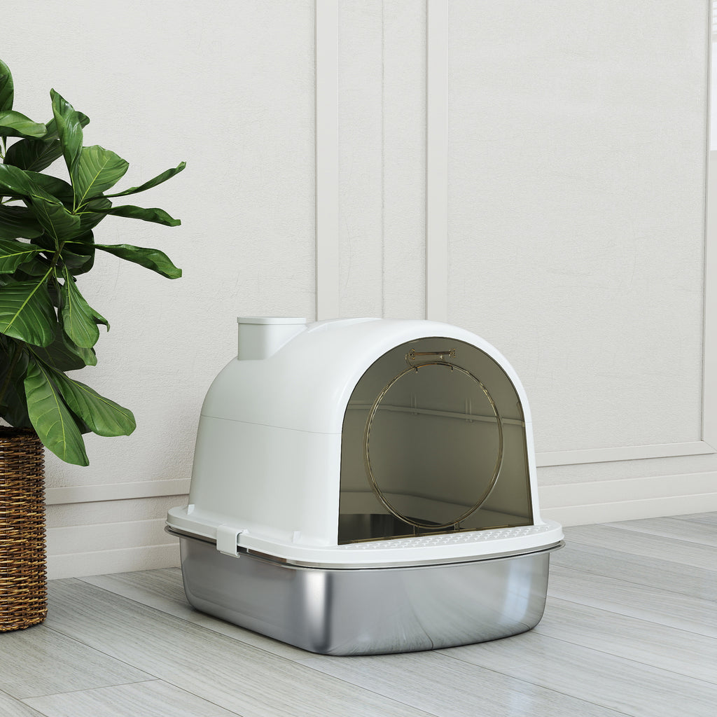 Maison de toilette pour chat bac à litière fermé bac acier inoxydable, nettoyage facile, 52,4 x 41,3 x 39,9 cm, blanc-8