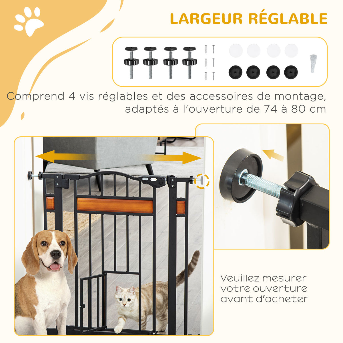 Barrière de sécurité pour animaux système de double verrouillage sans perçage 74 à 80 cm acier bois de pin noir-5