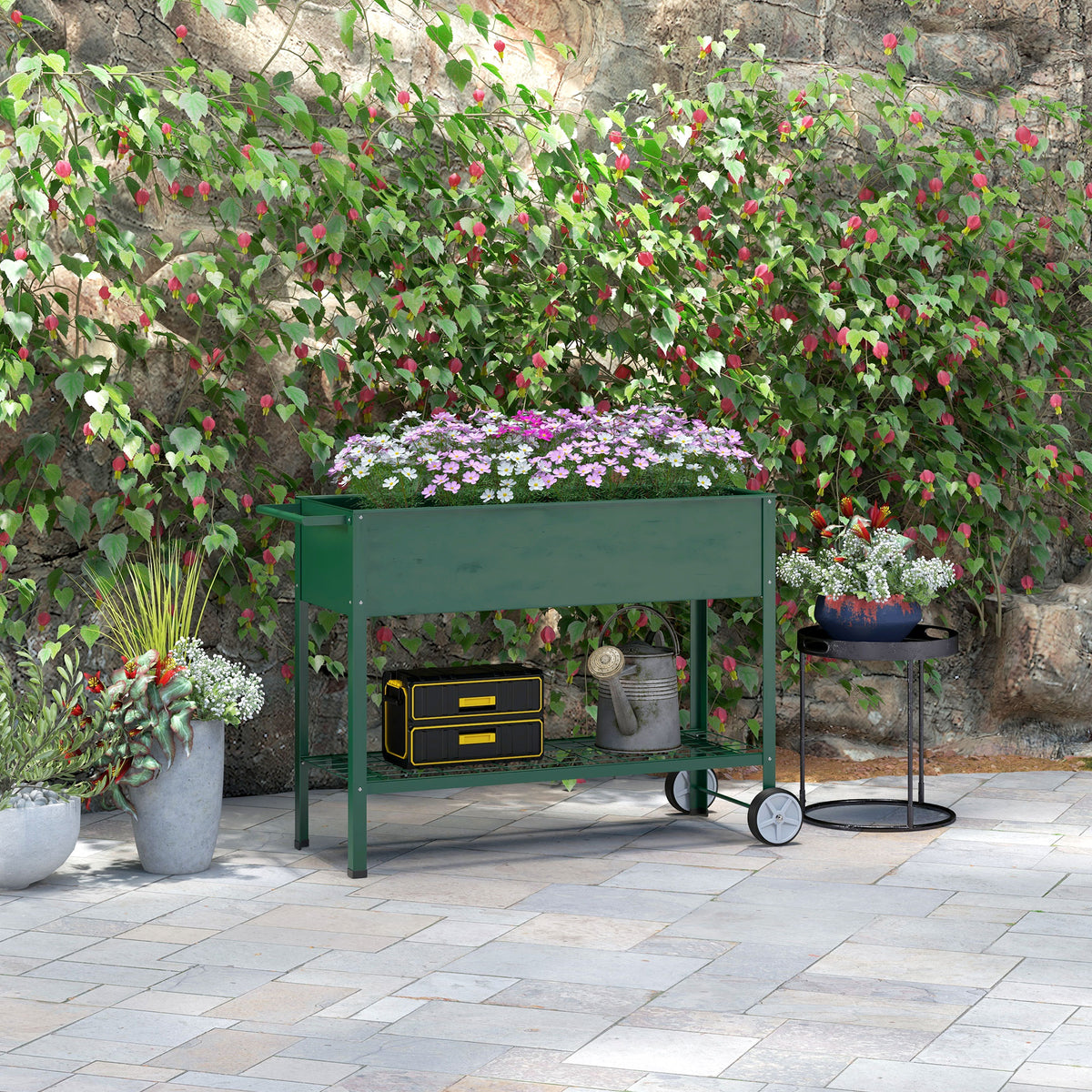 Jardinière sur Pieds Potager dim. 109L x 44l x 80H cm étagère 2 Roues + Insert d'irrigation métal Vert-1