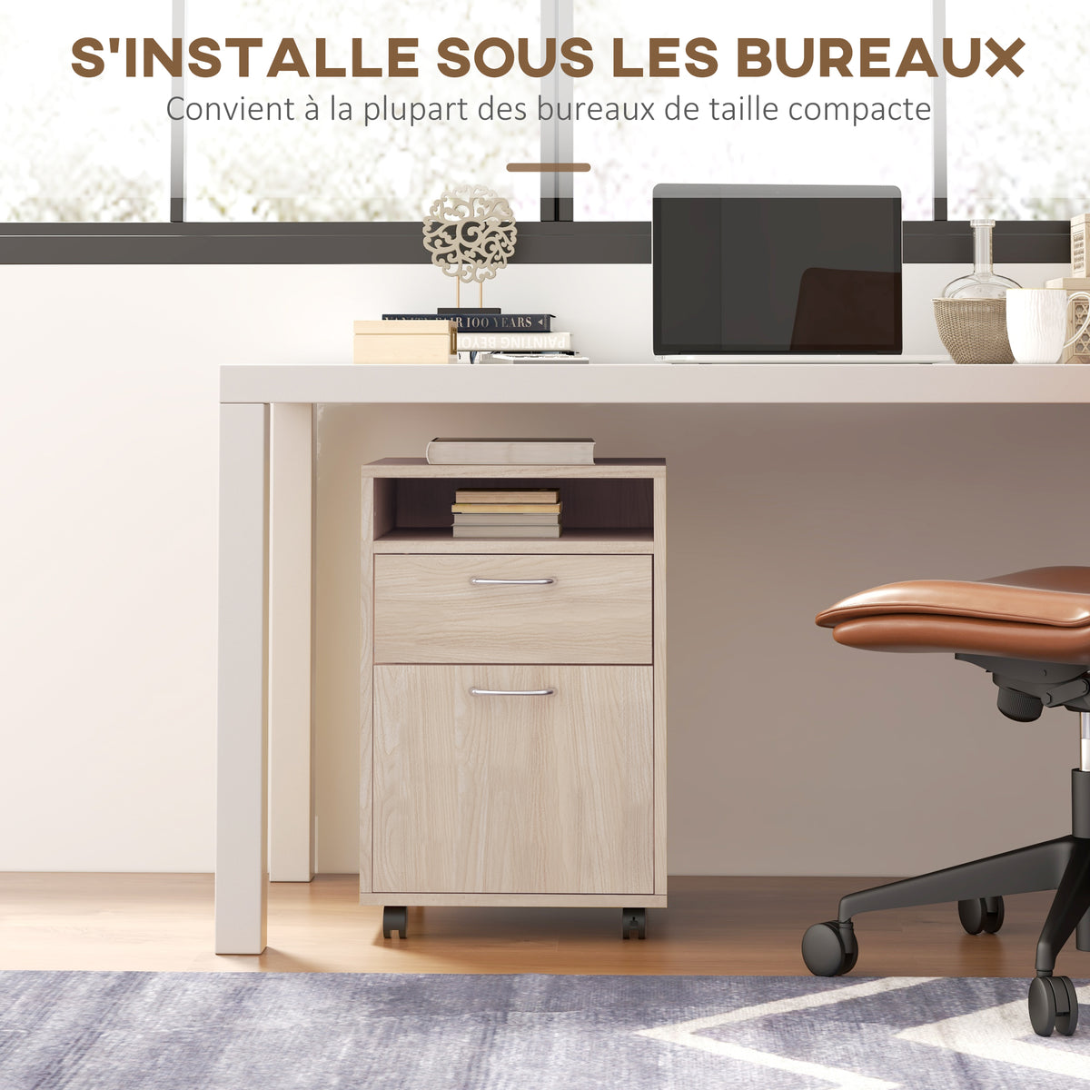 Caisson de bureau à roulettes avec tiroir placard et niche pour documents et dossier suspendu 40 x 35 x 60 cm chêne-4