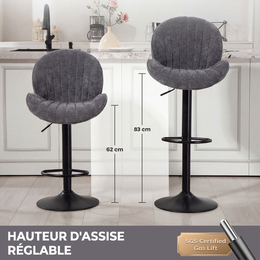 Lot de 2 Tabourets de Bar, Hauteur Réglable, Pivotant 360°, Siège Rembourré, Dossier et Repose-pieds, Gris-4