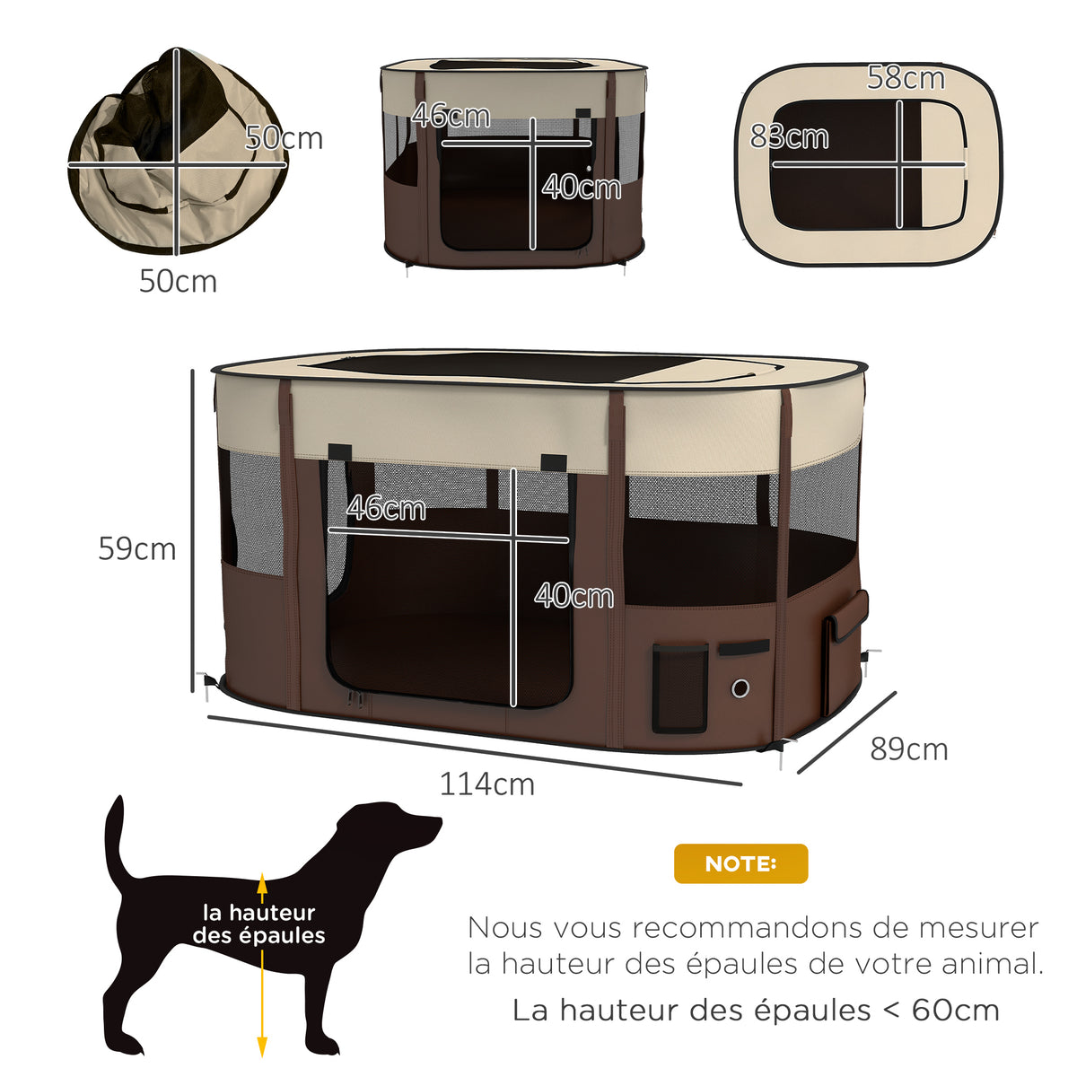 Parc pliable pour animaux de compagnie parc pour chiots en tissu Oxford avec fenêtres et portes sac de rangement marron-2