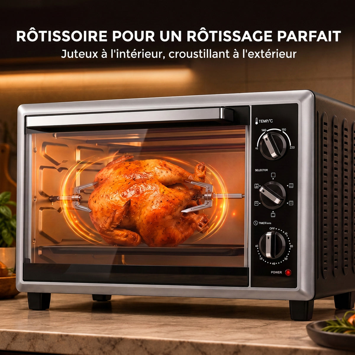 Mini-Four Électrique avec Broche Rotative 46L 1800W, Four à Convection Multifonction, Chaleur Tournante, Minuterie, Noir-5