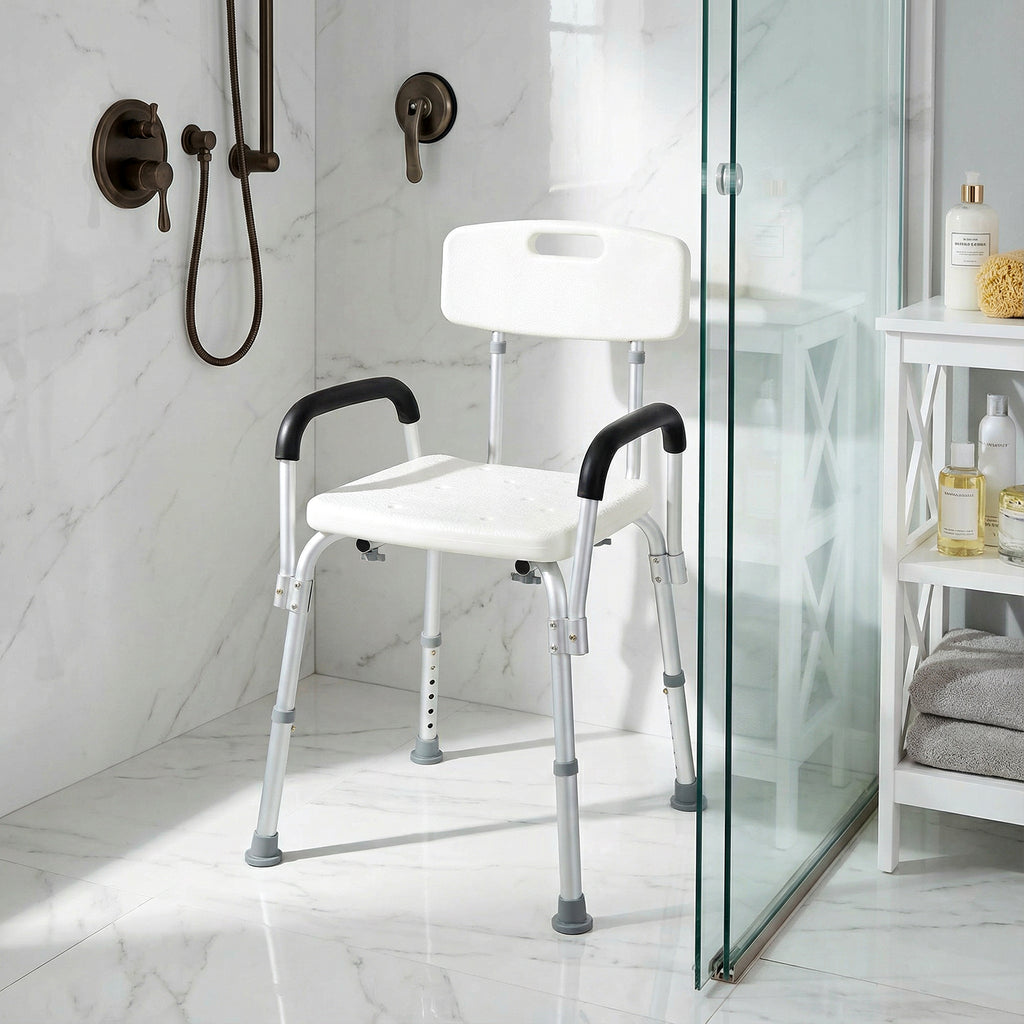 Chaise de Douche siège de Douche Ergonomique Hauteur réglable Pieds antidérapants Dossier accoudoirs Amovibles Charge Max. 136 Kg alu HDPE Blanc-9