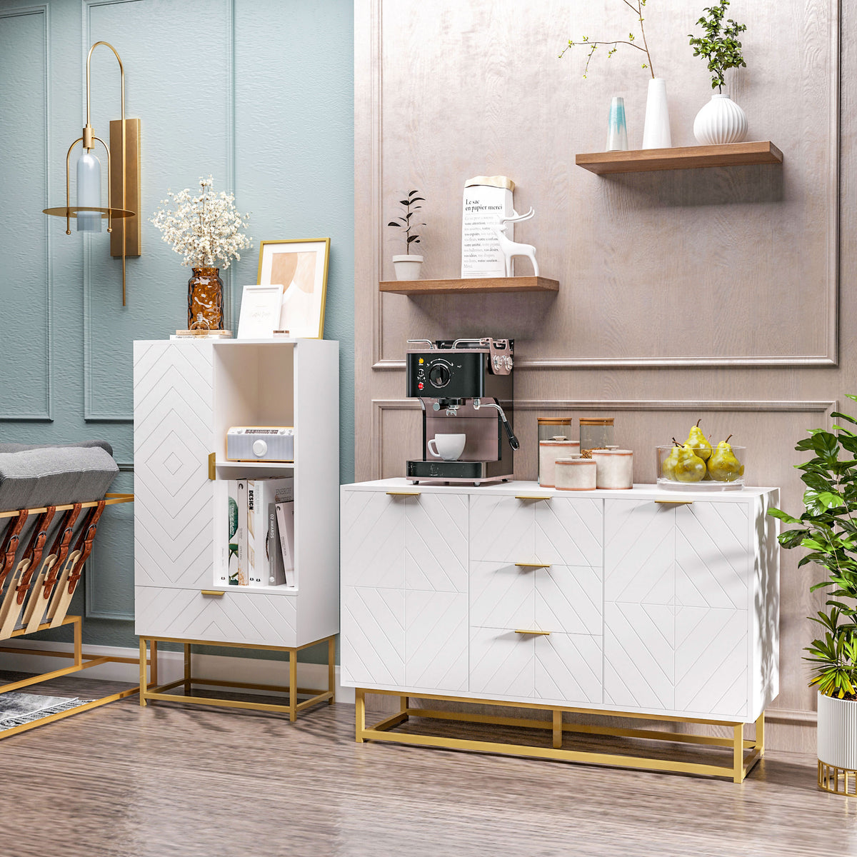 Buffet, meuble cuisine rangement, design contemporain graphique, 2 placards porte, étagères réglables, 3 tiroirs coulissants, bois blanc métal doré, 120 x 40 x 76 cm-1