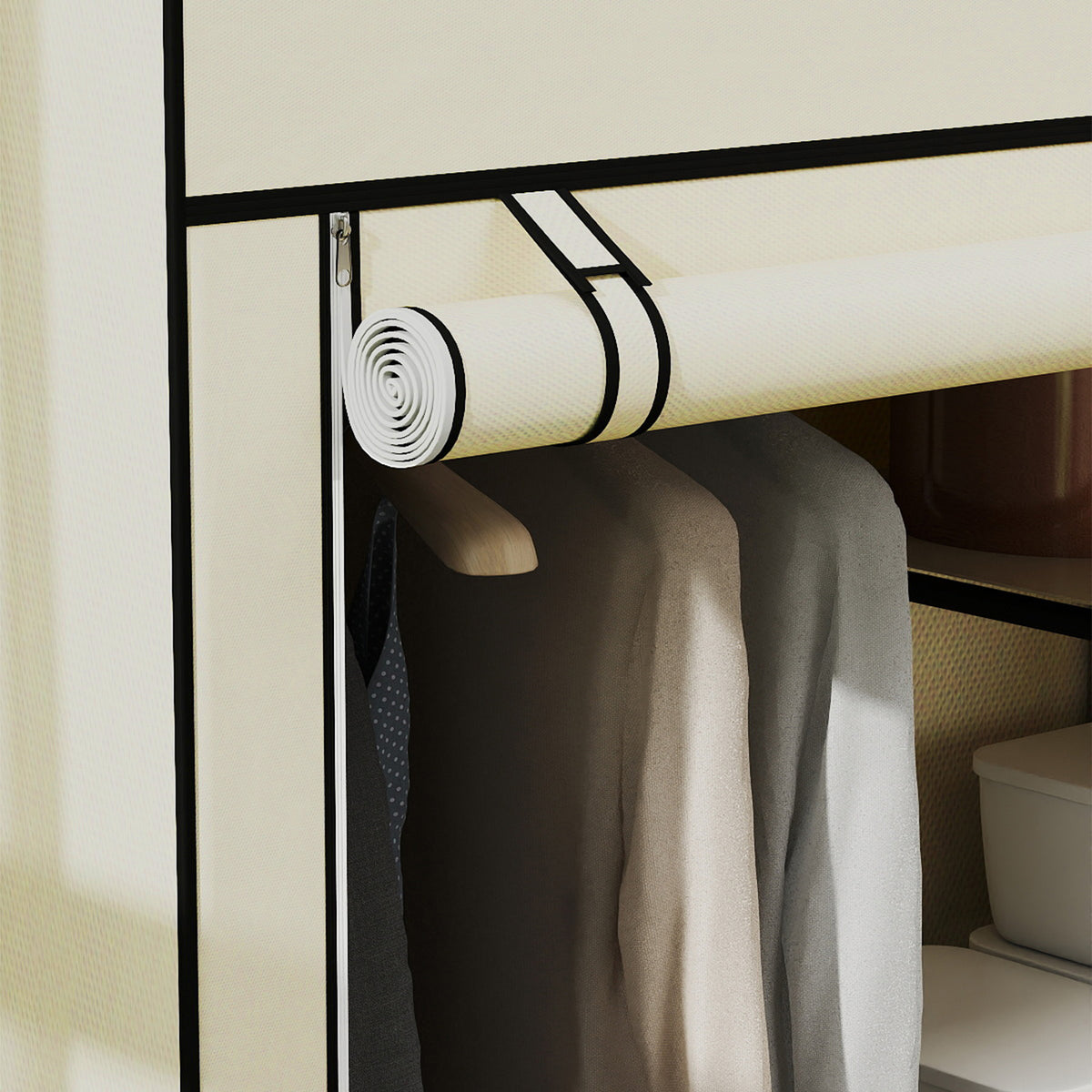 Armoire penderie en tissu meuble de rangement tringle à vêtements et étagères ouvertes 103x43x162,5cm crème-7