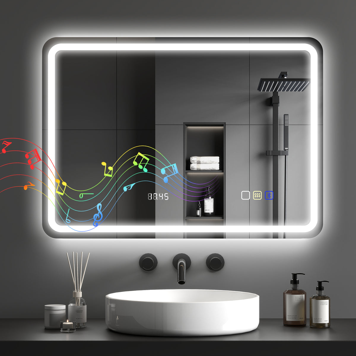 Miroir salle de bain Bluetooth avec éclairage LED 50 x 70 cm, miroir lumineux mural avec horloge, antibuée, argenté-0